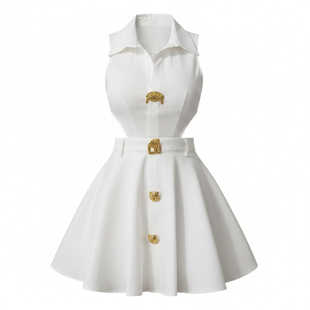 Sleeveless Cut - Out Shirt Dress with Collar Elegant Gold Buckles & Button’s/ Flared Skirt Design – Perfect for Stylish Occasions