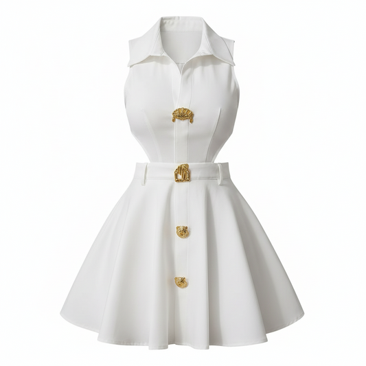 Sleeveless Cut - Out Shirt Dress with Collar Elegant Gold Buckles & Button’s/ Flared Skirt Design – Perfect for Stylish Occasions
