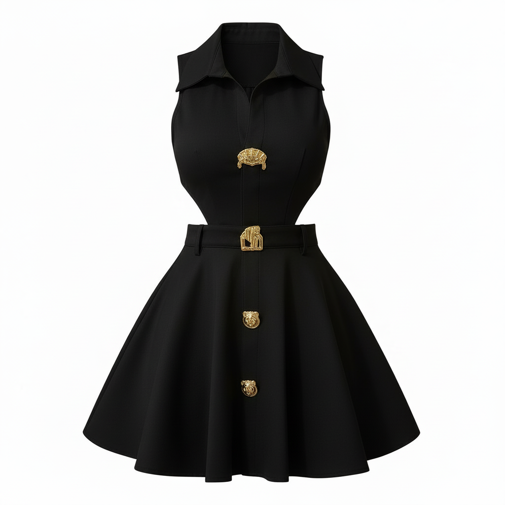 Sleeveless Cut - Out Shirt Dress with Collar Elegant Gold Buckles & Button’s/ Flared Skirt Design – Perfect for Stylish Occasions