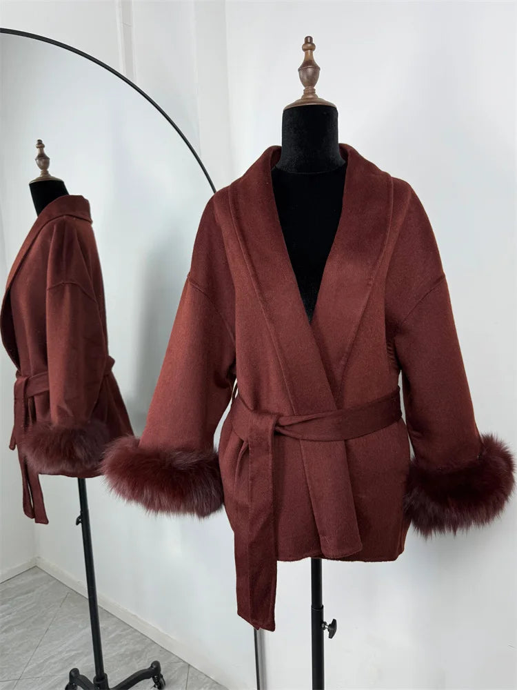 Tossy Fox Fur Overcoat/Short Fitted Cardigan Coat/Elegant Double-sided Woolen Coat.
