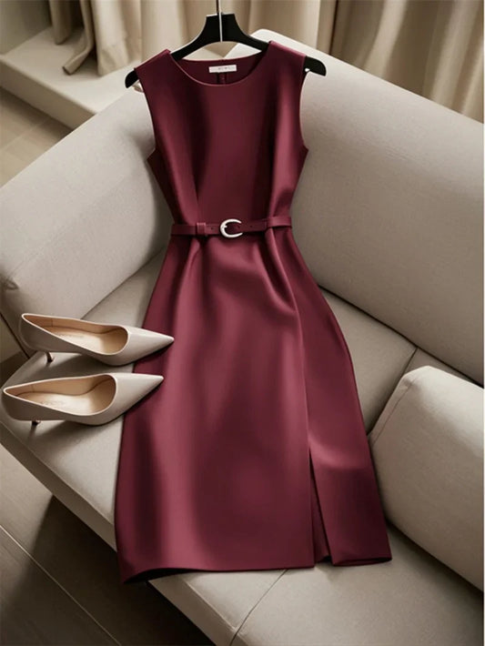 New French Luxury Summer Dress Women Elegant Sleeveless High Waist Satin Formal Dress Fashion Party Vestidos with Belt High End