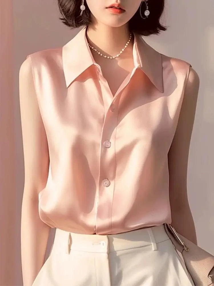 Sleeveless Satin Blouse for Women – Elegant Button-Front Top