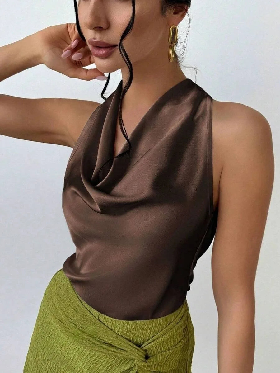 Elegant Satin Halter Blouse for Women – Sleeveless Bow Neck Office Lady Top