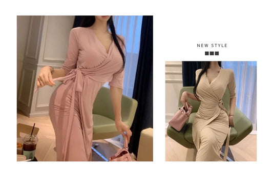 Slimming V-Neck Belted Maxi Dress.