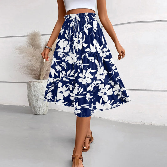Retro Puff Floral Printed Skirt/With Pocket’s/Casual Elastic High Waist Lace-up Loose Skirts.