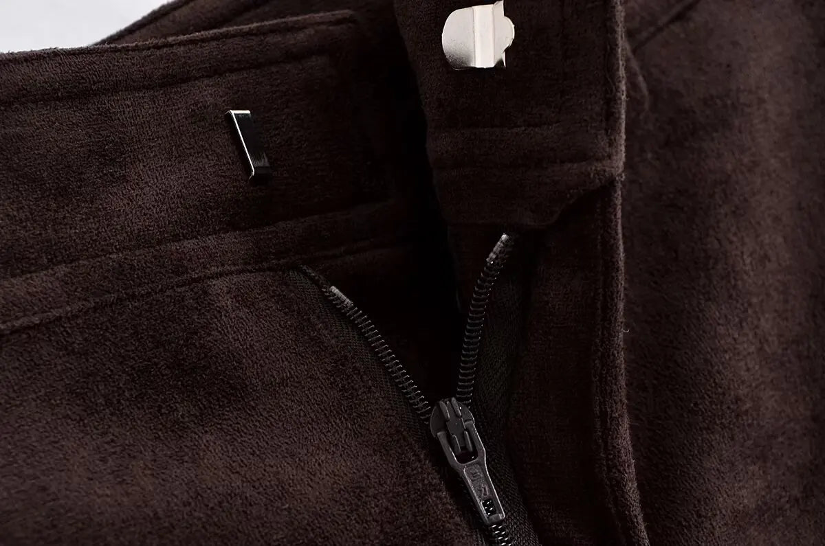 Ladies Coffee Suede Textured Midi Skirt – High-Waisted A-Line Elegant Casual Commuter Skirt