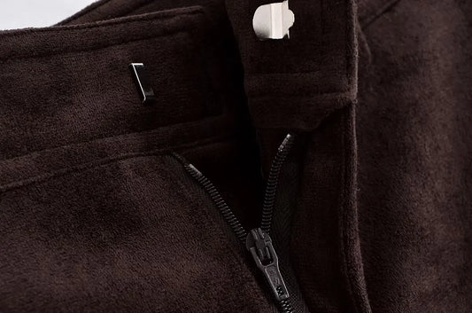 Ladies Coffee Suede Textured Midi Skirt – High-Waisted A-Line Elegant Casual Commuter Skirt