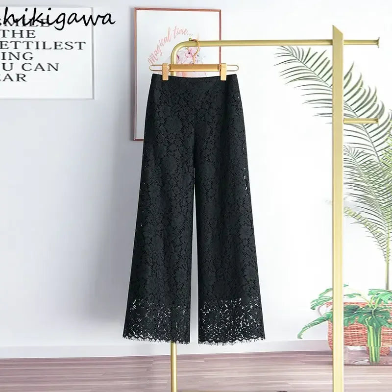 Elegant Lace Wide-Leg Trousers – High-Waist Solid Color Pants for Women | Summer Loose Straight Leg Bottoms | Modern Blend Boutique