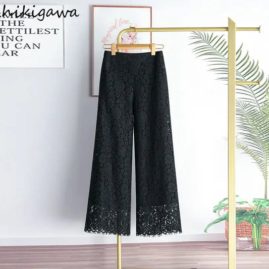 Elegant Lace Wide-Leg Trousers – High-Waist Solid Color Pants for Women | Summer Loose Straight Leg Bottoms | Modern Blend Boutique