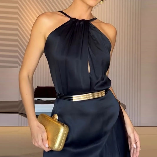 Elegant Black Satin Halter Midi Dress for Women – Asymmetrical Hem, Backless Evening & Cocktail Dress | Modern Blend Boutique