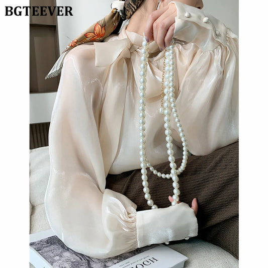 Elegant Ivory Bow Neck Blouse for Women – Long Sleeve Satin-Effect Loose Fit Top