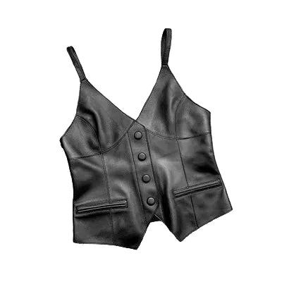 Luxury Genuine Sheepskin Leather Vest for Women – Tailored V-Neck Button Front Streetwear Top (Black, Camel, Green, Purple, Orange, Khaki)