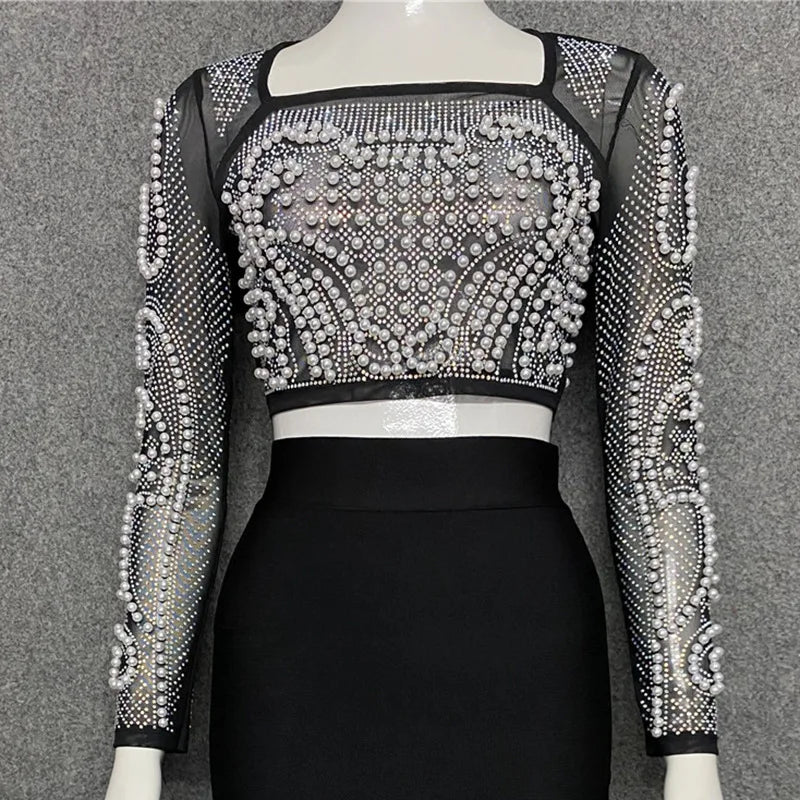 Luxe Pearl Embellished Crop Top & Midi Skirt Set