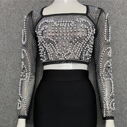 Luxe Pearl Embellished Crop Top & Midi Skirt Set