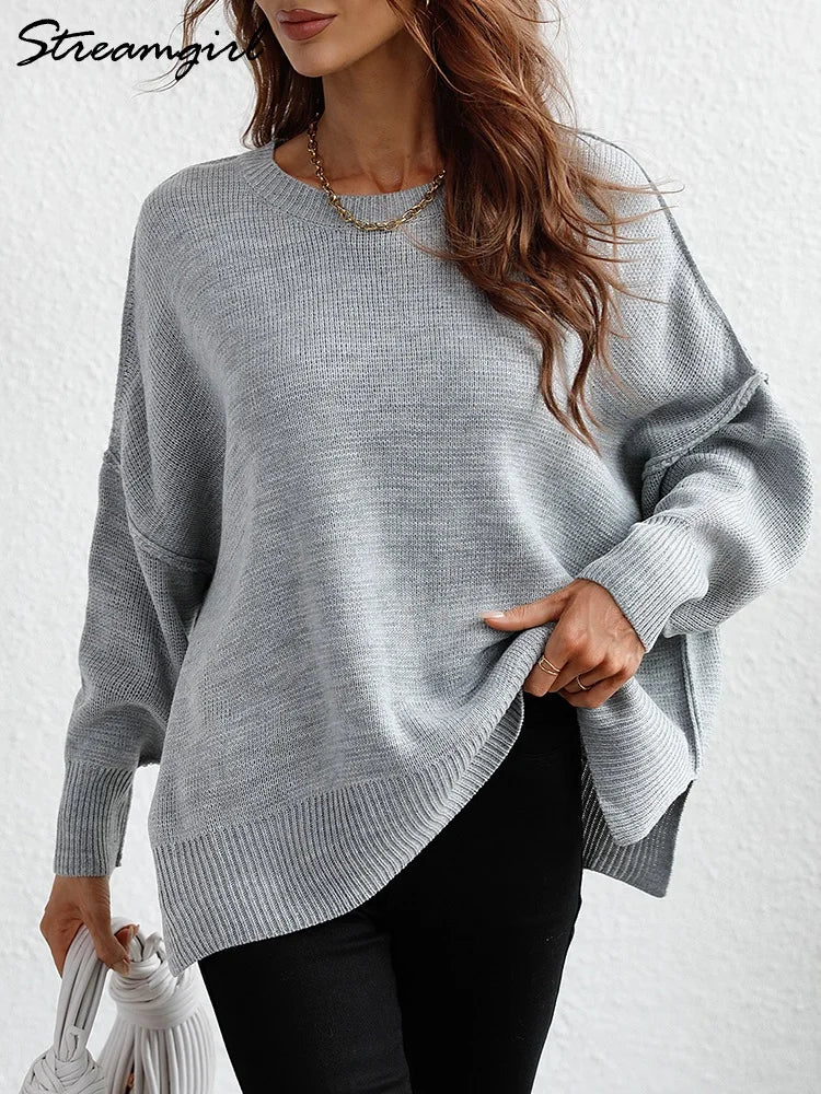 Comfy Oversized Sweater’s/Loose O~Neck Knit Sweater/Split Pull Knitted Pullover Oversized Winter Clothing.