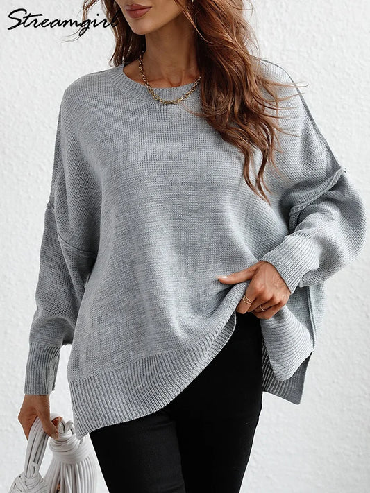 Comfy Oversized Sweater’s/Loose O~Neck Knit Sweater/Split Pull Knitted Pullover Oversized Winter Clothing.