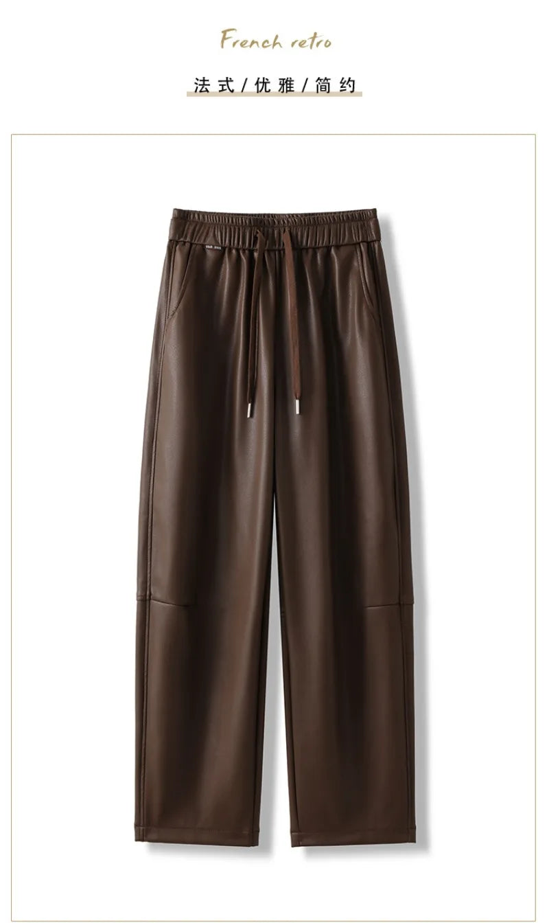 Luxury PU Leather Jogger Pants for Women – High-Waist Elastic Drawstring Wide-Leg Trousers – Comfy Chic Vegan Leather Athleisure Pants