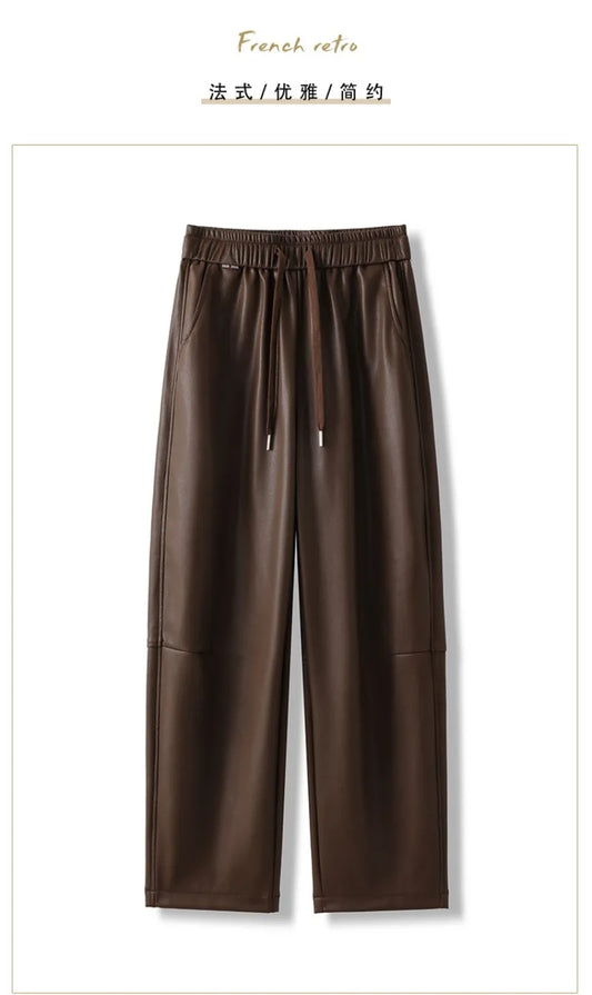 Luxury PU Leather Jogger Pants for Women – High-Waist Elastic Drawstring Wide-Leg Trousers – Comfy Chic Vegan Leather Athleisure Pants
