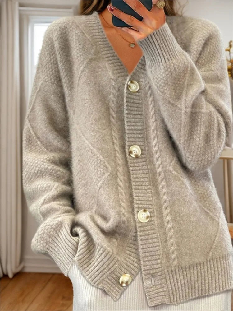 Solid Color Long-Sleeved  V Neck Knitted Cardigan/Breasted Women Top Fashion/Jacquard Sweater Versatile Coat Female.