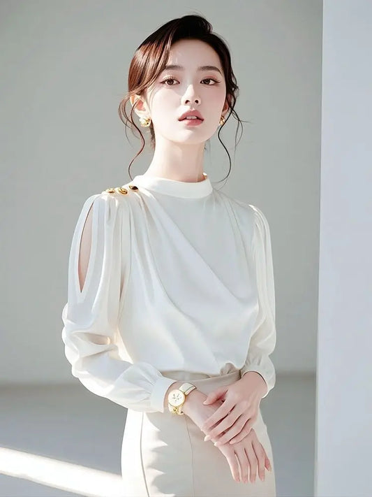 Luxury Ivory Chiffon Blouse with Gold Button Shoulder & Sheer Sleeves