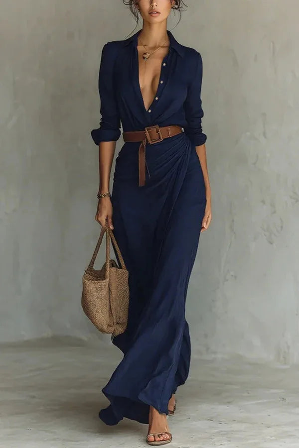 Fashionable Solid Elegant Dress/Lapel Button Draped Dress/Long Dress Casual Long Sleeve Match With Belt Shirt.