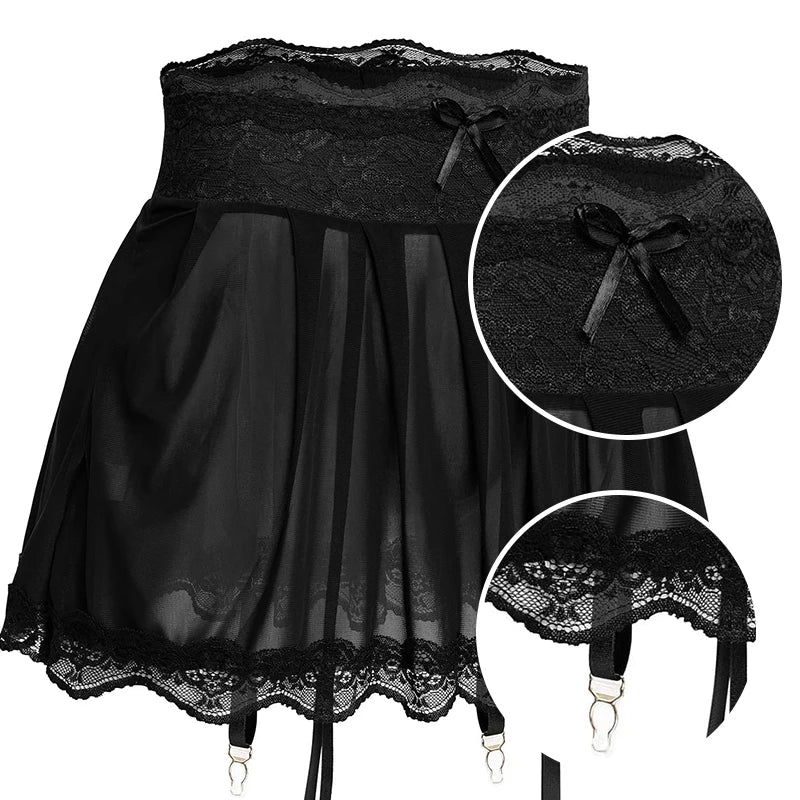 Sexy Transparent Lace Mini Skirt/Women's Bow Decoration Chiffon Micro Skirt Lace Edge Sexy Women's Sleeping Skirt.