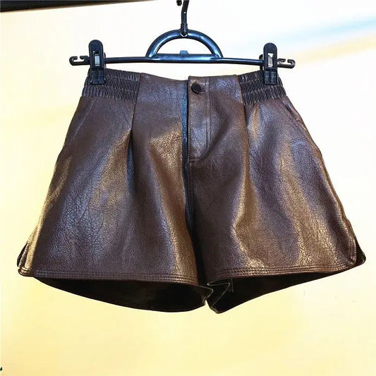 Women’s Boutique Style High-Waist Leather Shorts – Loose Fit Wide-Leg Faux Leather Pants/Versatile Fall Fashion