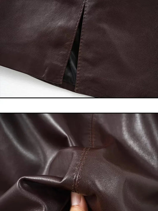 Burgundy Faux Leather Mini Skirt with Front Slit – High-Waist Vegan Leather Skirt