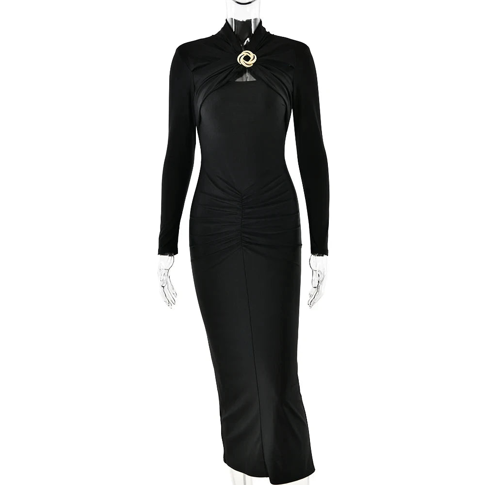 Luxury Champagne Gold Ruched Maxi Dress – Long Sleeve Stretch Satin Bodycon Evening Gown for Women