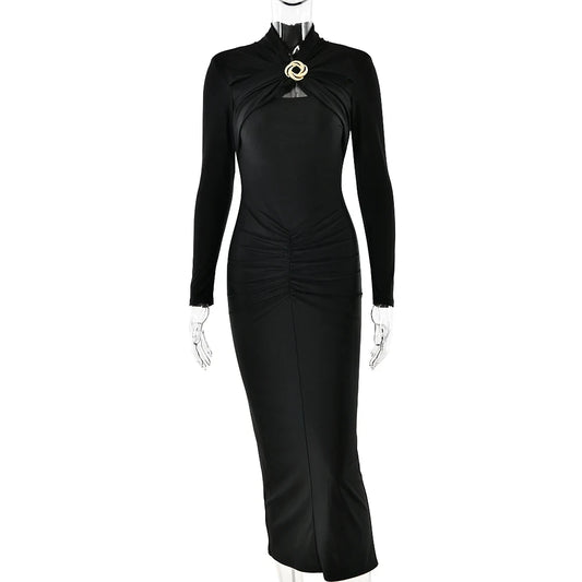 Luxury Champagne Gold Ruched Maxi Dress – Long Sleeve Stretch Satin Bodycon Evening Gown for Women