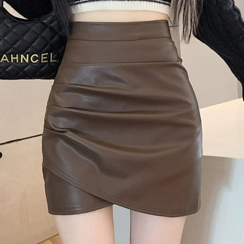 High-Waist Faux Leather Bodycon Mini Skirt – Ruched Slim Fit PU Leather Wrap Skirt for Women