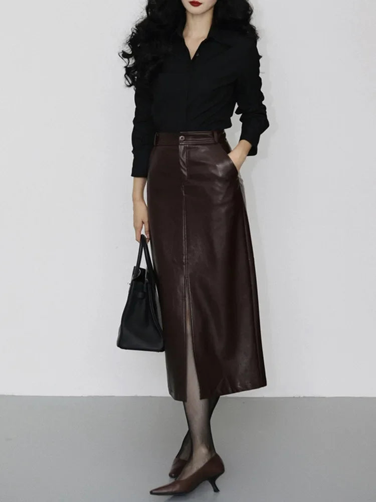 Genuine Sheepskin Leather Front-Slit Midi Skirt
