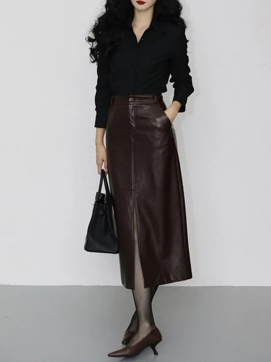 Genuine Sheepskin Leather Front-Slit Midi Skirt