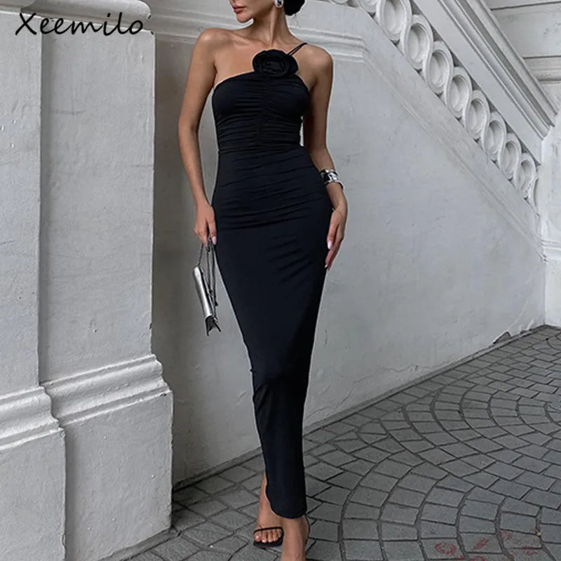 Solid Sleeveless Slim Dress Aesthetic Oblique Strap Backless Prom Dress. Ancle Length Dress.