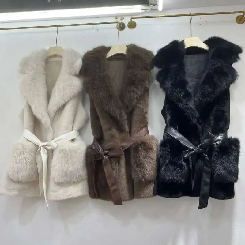 Puffy European Sleeveless Waist Cost Lace-up Design Long Fur Waistcoats/Thick And Warm Women Winter V~Neck Vest.