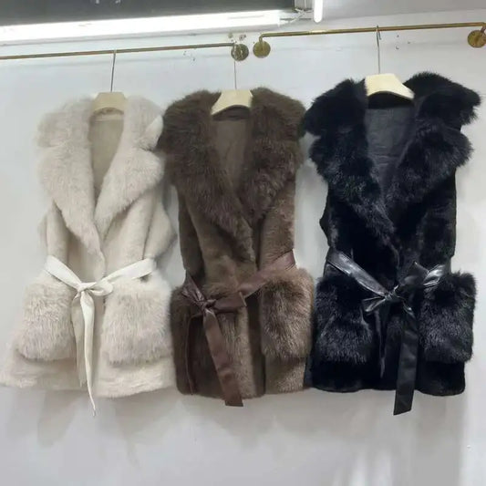 Puffy European Sleeveless Waist Cost Lace-up Design Long Fur Waistcoats/Thick And Warm Women Winter V~Neck Vest.
