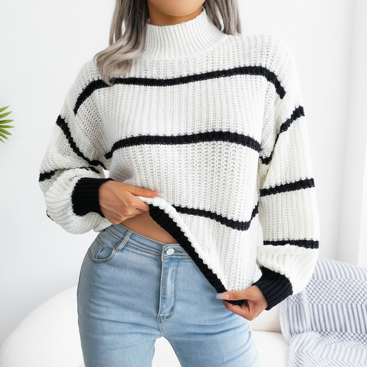 Solid Striped Pullover Turtleneck/Loose fitting Sweater/Long Sleeved Knitted Sweater/High Neck Warm Pullover Knitwears Top.