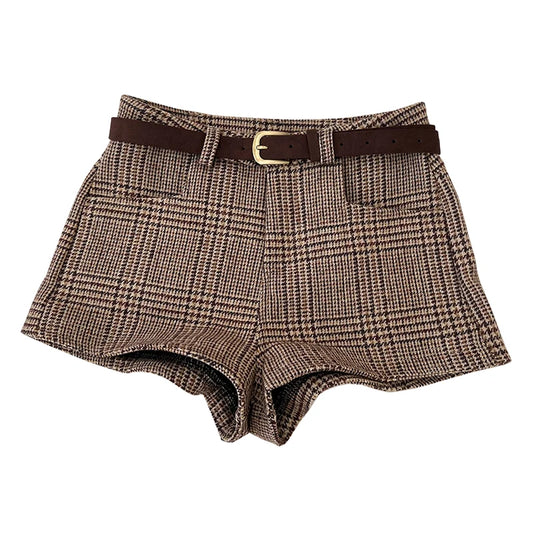 Women’s Mid-Waist Wool Blend Plaid Shorts – Autumn Winter Streetwear Short Pants