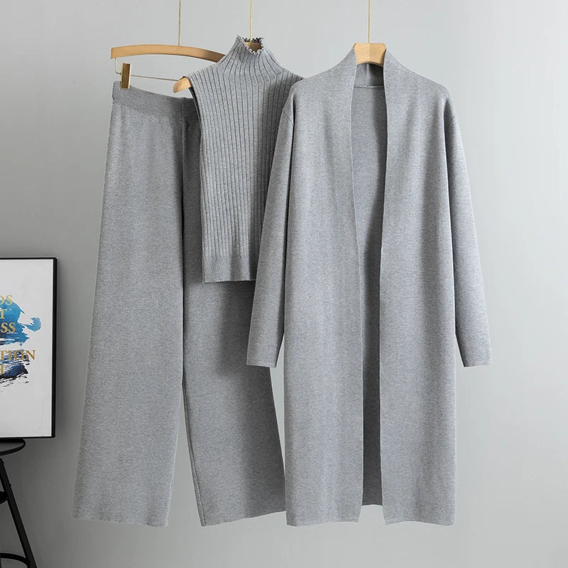 Women’s 3-Piece Knit Cardigan Set | Long Open-Front Coat, Sleeveless Turtleneck Top & Wide-Leg Pants | Fall Winter Lounge & Office Outfit