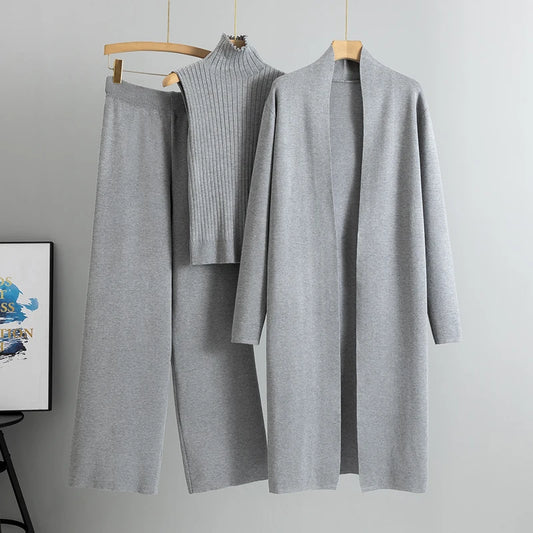 Women’s 3-Piece Knit Cardigan Set | Long Open-Front Coat, Sleeveless Turtleneck Top & Wide-Leg Pants | Fall Winter Lounge & Office Outfit