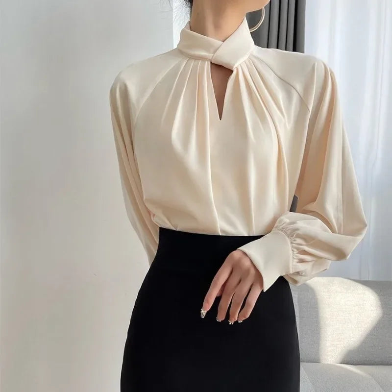 Elegant Twist-Neck Satin Blouse for Women – Long Sleeve Formal Top