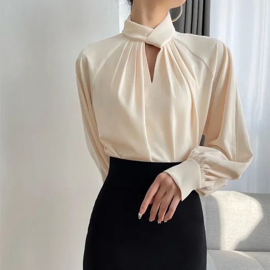 Elegant Twist-Neck Satin Blouse for Women – Long Sleeve Formal Top