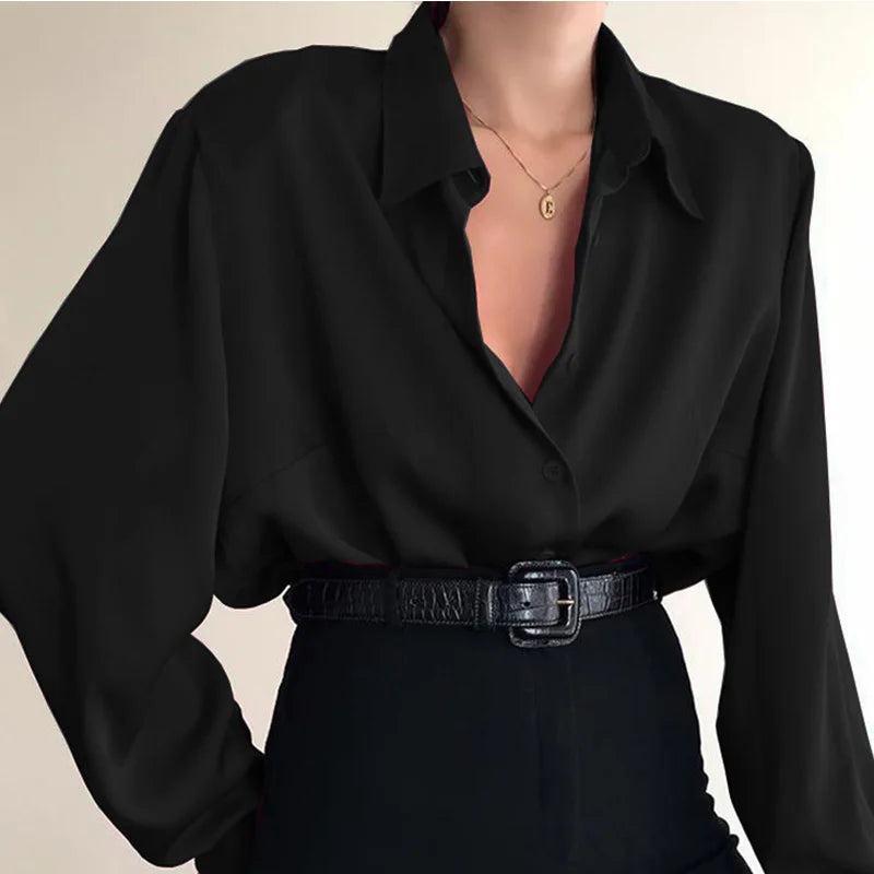Admirable Solid V~Neck Button Blouses/Turn Down Collar Shirts/Long Sleeve Casual Blouse Loose OL Shirt/ Baggy Tops Red/Wine Red /Black.