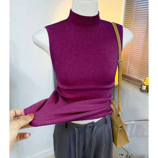 Knitted turtleneck sweater/Women Half High Collar Fashion/Autumn Basic Slim Sleeveless Sweaters/All-match Ulzzang Leisure Knitting. Popular Slightly Stretch.