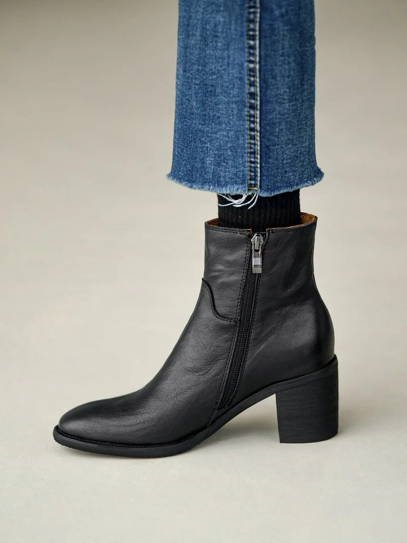 Women’s Genuine Leather Ankle Boots | Vintage European-Inspired Round Toe Booties, Side Zipper, Block Heel, Classic British Style