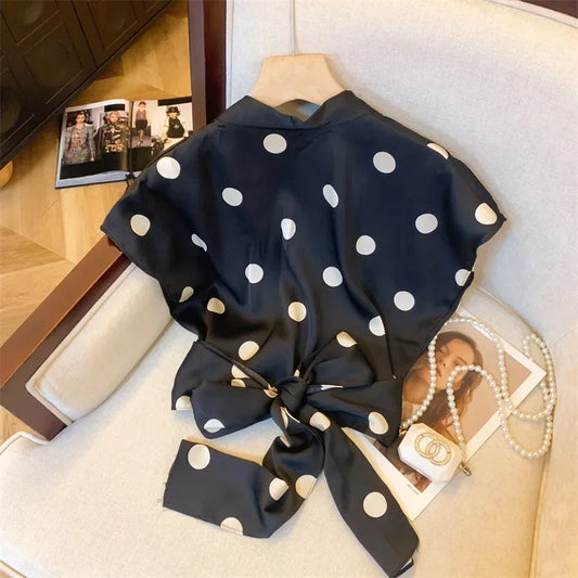 Elegant Polka Dot Tie Front Blouse – Women’s Retro V-Neck Waist Tie Top | French Chic Lightweight Luxury Blouse | Modern Blend Boutique