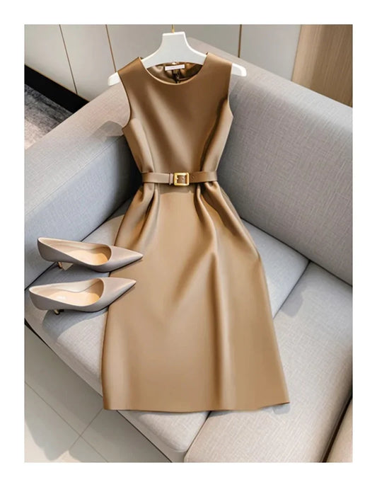New French Luxury Summer Dress Women Elegant Sleeveless High Waist Satin Formal Dress Fashion Party Vestidos with Belt High End