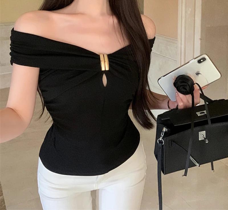 Off Shoulder Aesthetic Short Sleeve/Y2K Vintage Women Crop Top/Fashion Sexy Tops Clothes