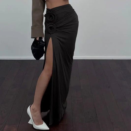 Fashionable Bow Slit Skirt/Unique Rose Decorated Skirt/Long Length/Slightly Transparent Slit Skirt.