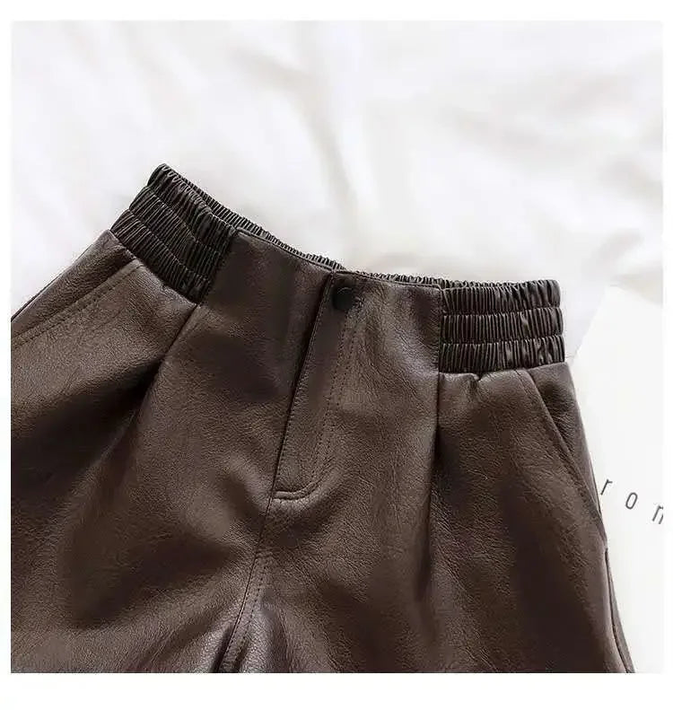 Women’s Boutique Style High-Waist Leather Shorts – Loose Fit Wide-Leg Faux Leather Pants/Versatile Fall Fashion